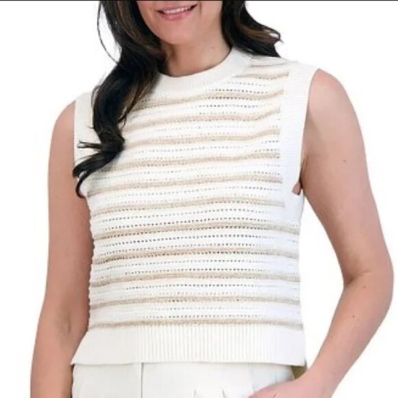 🔥 Closet Sale! French Connection Beige Knit Striped Sleeveless Sweater - Picture 1 of 5